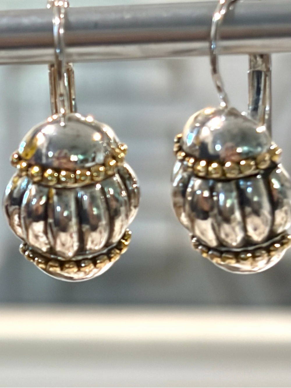 Vintage Two Tone Fluted PierMelon Drop Earrings - Silver & Gold Caviar Bead - Picture 1 of 6